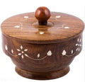 Wooden Chapati Box with Lid, Brown, Handcrafted Floral Inlay Design, Round Storage Container