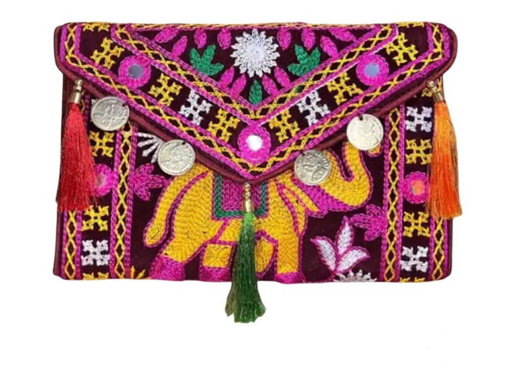 Handmade Bohemian Clutch Purse, Embroidered Elephant Design with Tassels, Decorative Coins, Multicolour, eco-friendly