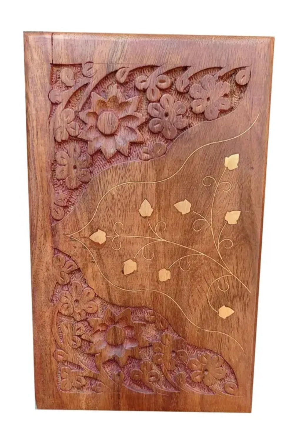 Handcrafted Wooden Jewelry Box with Floral Carved Design, Brown Sheesham Wood, Brass Latch, Traditional Indian Style Storage Box