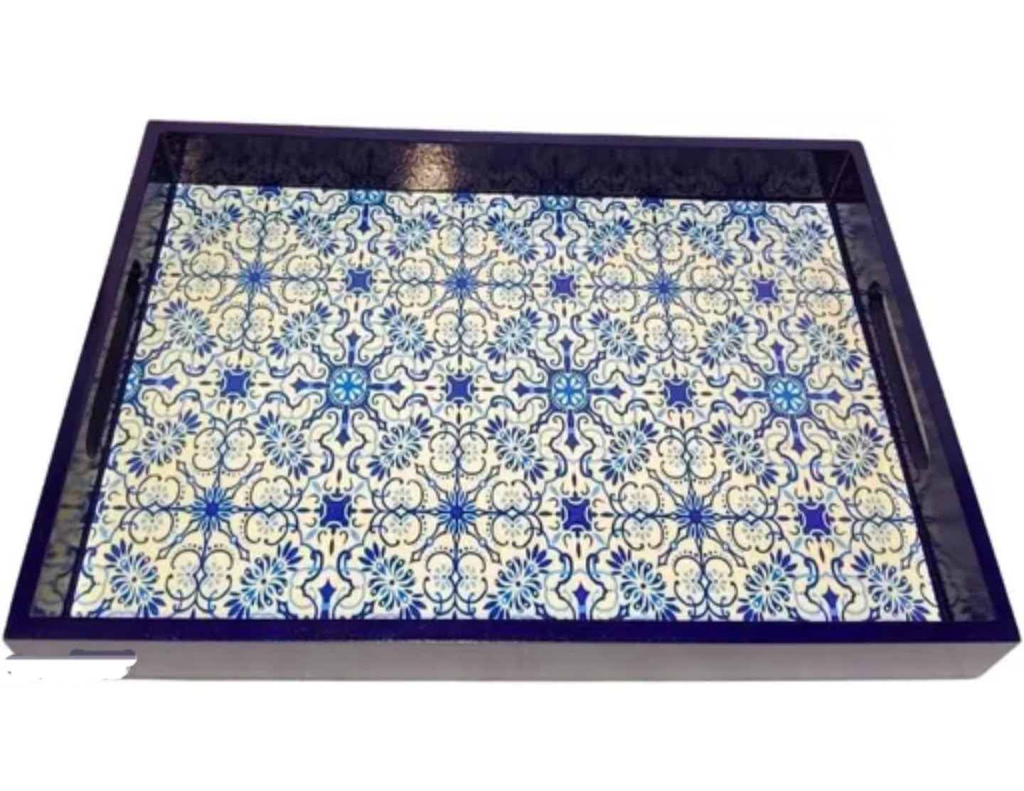 Decorative Serving Tray with Blue and White Floral Pattern, Navy Blue Frame, Large Rectangular Design with Handles