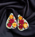 Handmade Embroidered Floral Earrings, Teardrop Shape, Red and Yellow Roses, Fabric Jewelry