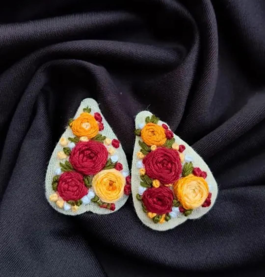 Handmade Embroidered Floral Earrings, Teardrop Shape, Red and Yellow Roses, Fabric Jewelry