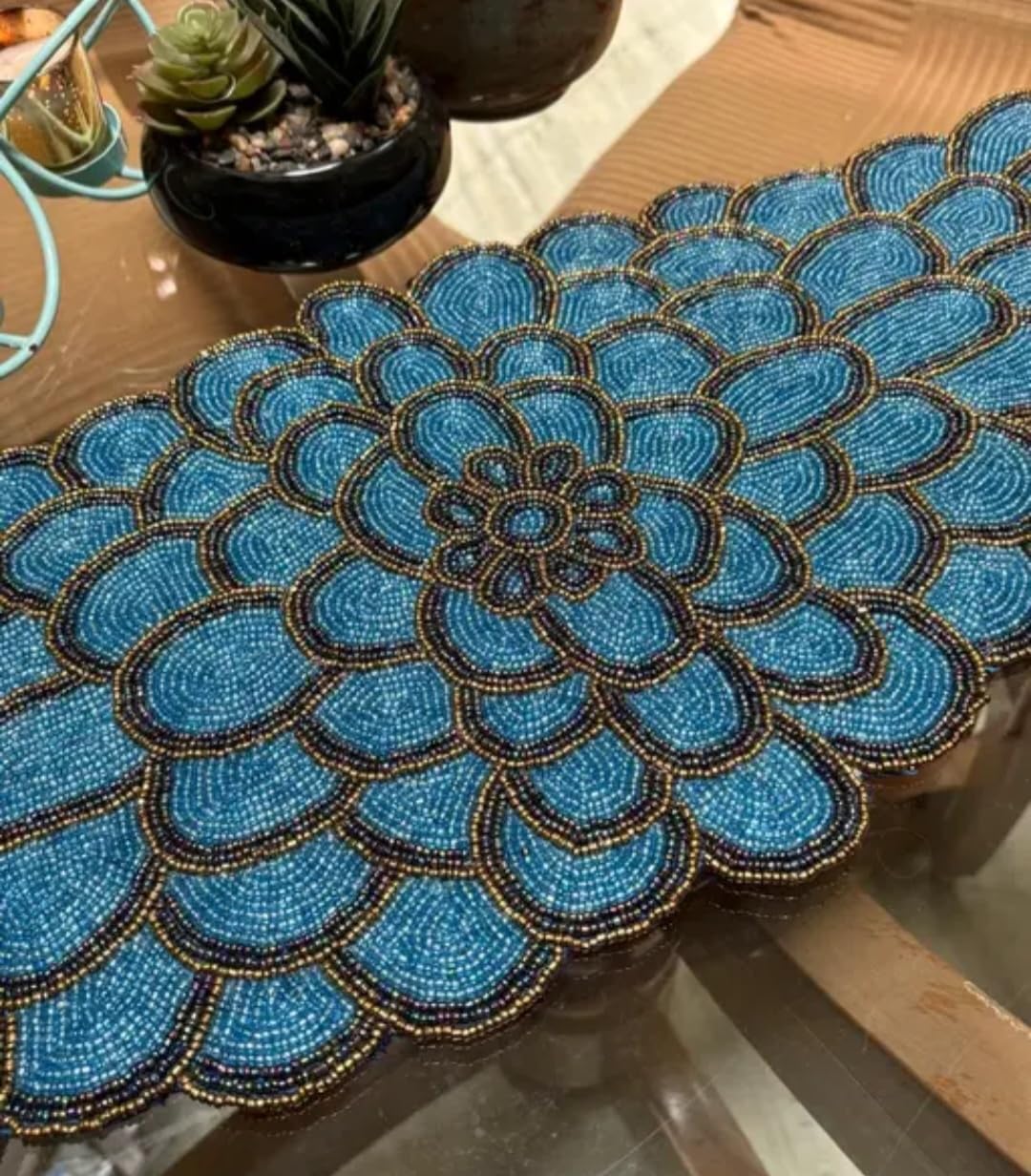 Beaded Table Runner, Blue Floral Dahlia Design, Handcrafted Seed Bead, Decorative Home Decor