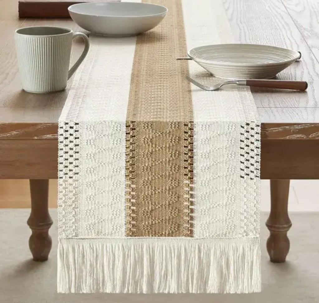 Farmhouse Table Runner with Fringe, Woven Cotton Blend, White and Natural Stripe Pattern, Decorative Dining Table Linens