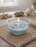 Ocean Scented Candle, Glass Bowl, Blue Wax with Seashells, Coastal Beach Theme Decor