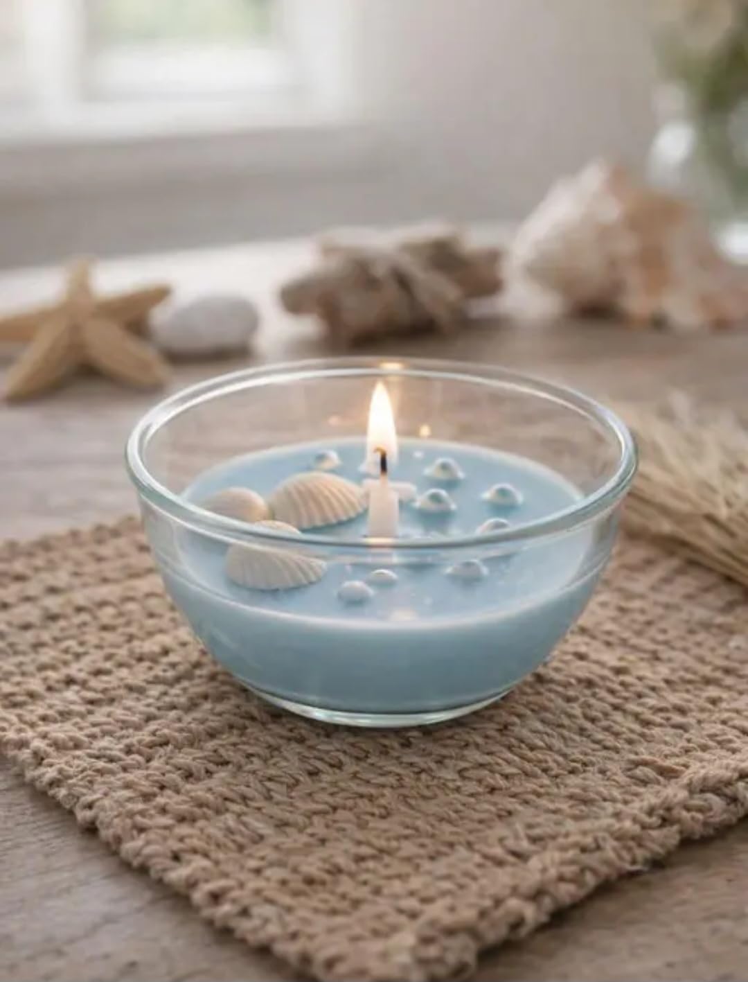 Ocean Scented Candle, Glass Bowl, Blue Wax with Seashells, Coastal Beach Theme Decor