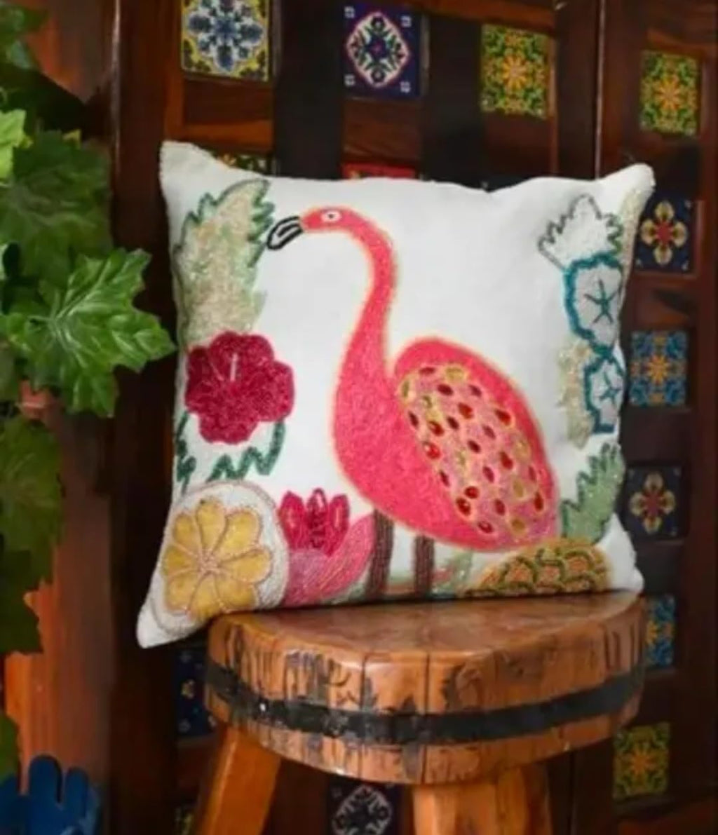 Beaded Flamingo Throw Pillow Cover, White, Floral Bird Design, Decorative Cushion Cover