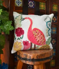 Beaded Flamingo Throw Pillow Cover, White, Floral Bird Design, Decorative Cushion Cover