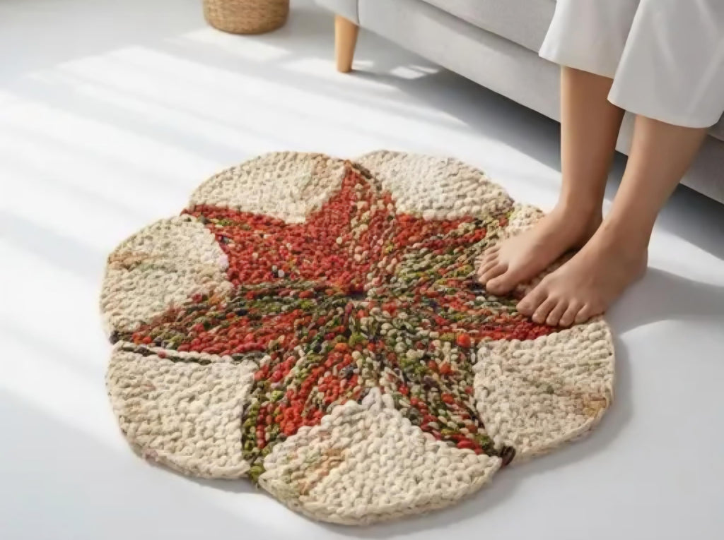 Round Floral Star Accent Rug, Cream and Rust, Handwoven Area Rug for Living Room
