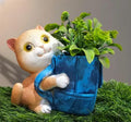 Decorative Cat Planter with Blue Barrel, Indoor Garden Ornament, Artificial Plant Holder, Outdoor Yard Decor