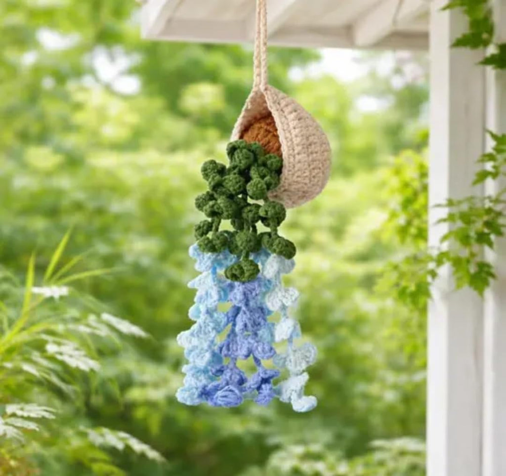 Crochet Hanging Plant Decor, Handmade Boho Faux Succulent in Woven Basket, Blue and Green, 1 piece