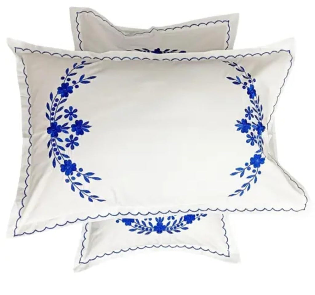 White Pillow Cover Shams with Blue Floral Embroidery, Scalloped Border, Set of 2