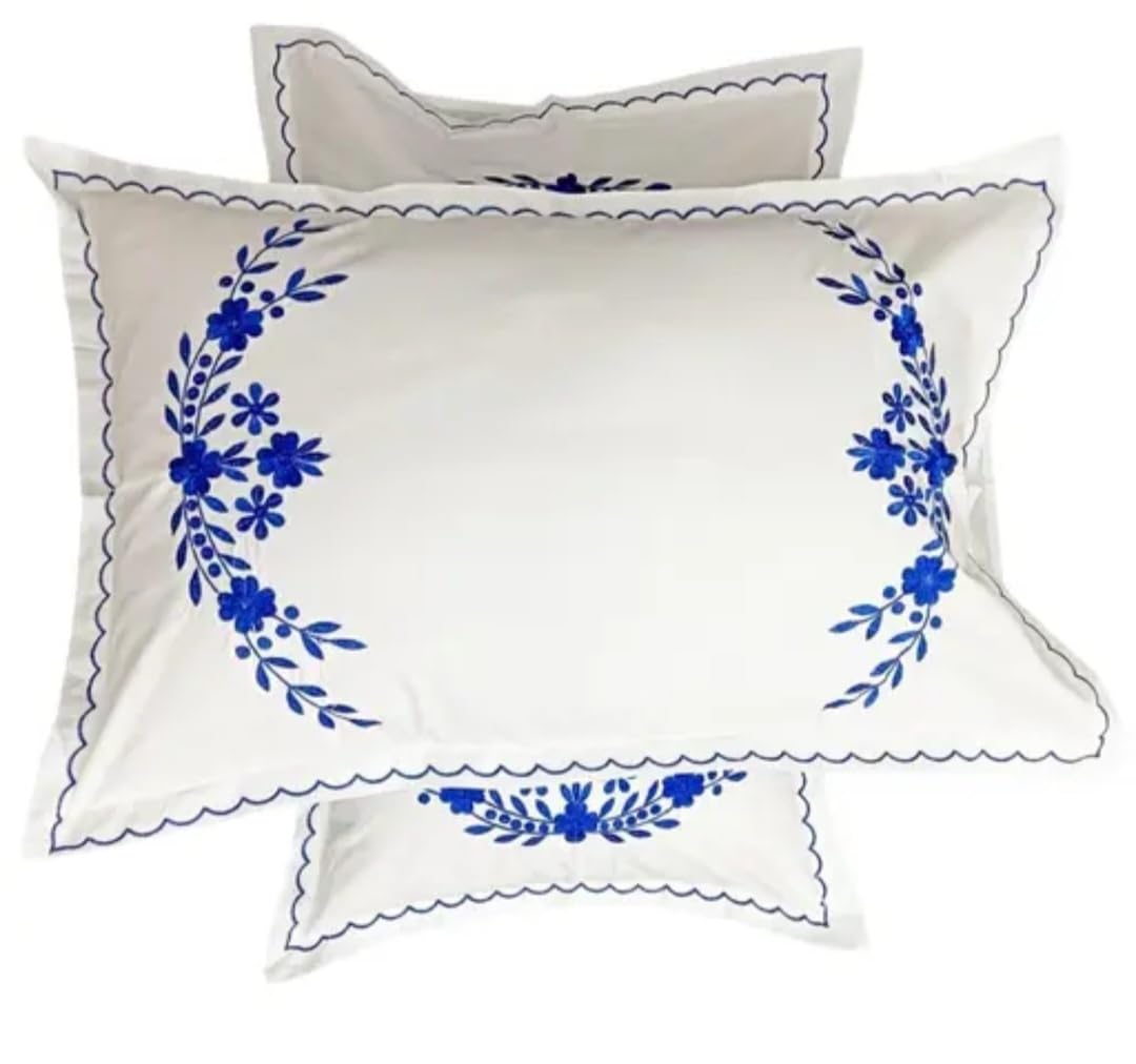 White Pillow Cover Shams with Blue Floral Embroidery, Scalloped Border, Set of 2