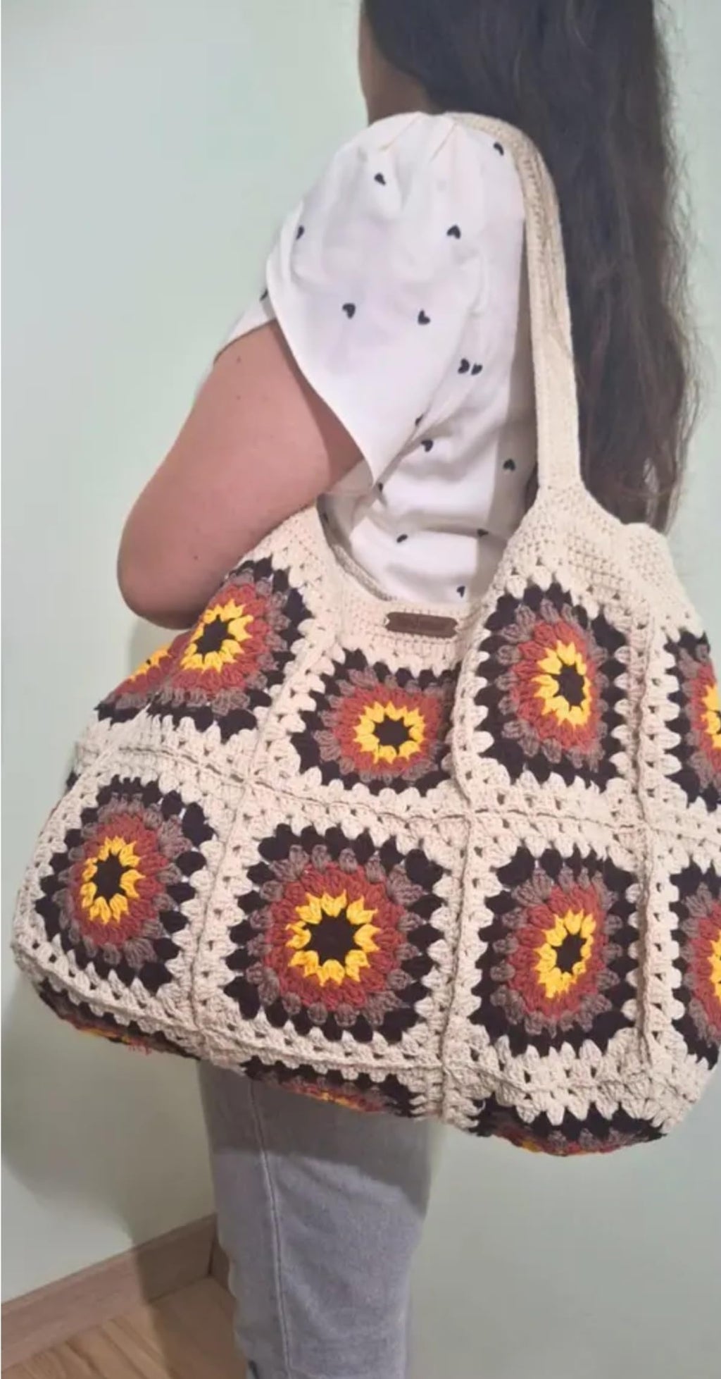 Handmade Crochet Tote Bag, Granny Square Pattern, Beige with Yellow and Red Sunburst Design