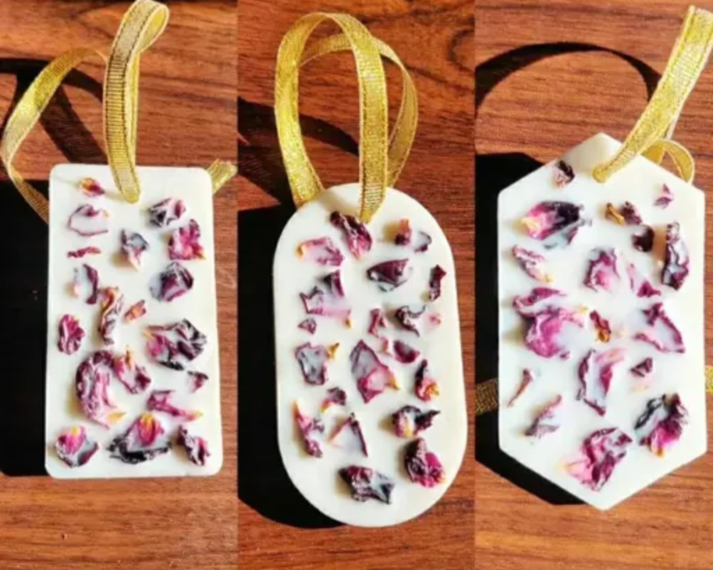 Handmade Soy Wax Scented Wax Sachets with Dried Rose Petals, White Hexagonal Shape, Gold Ribbon, Decorative Home Fragrance, 3 Pack