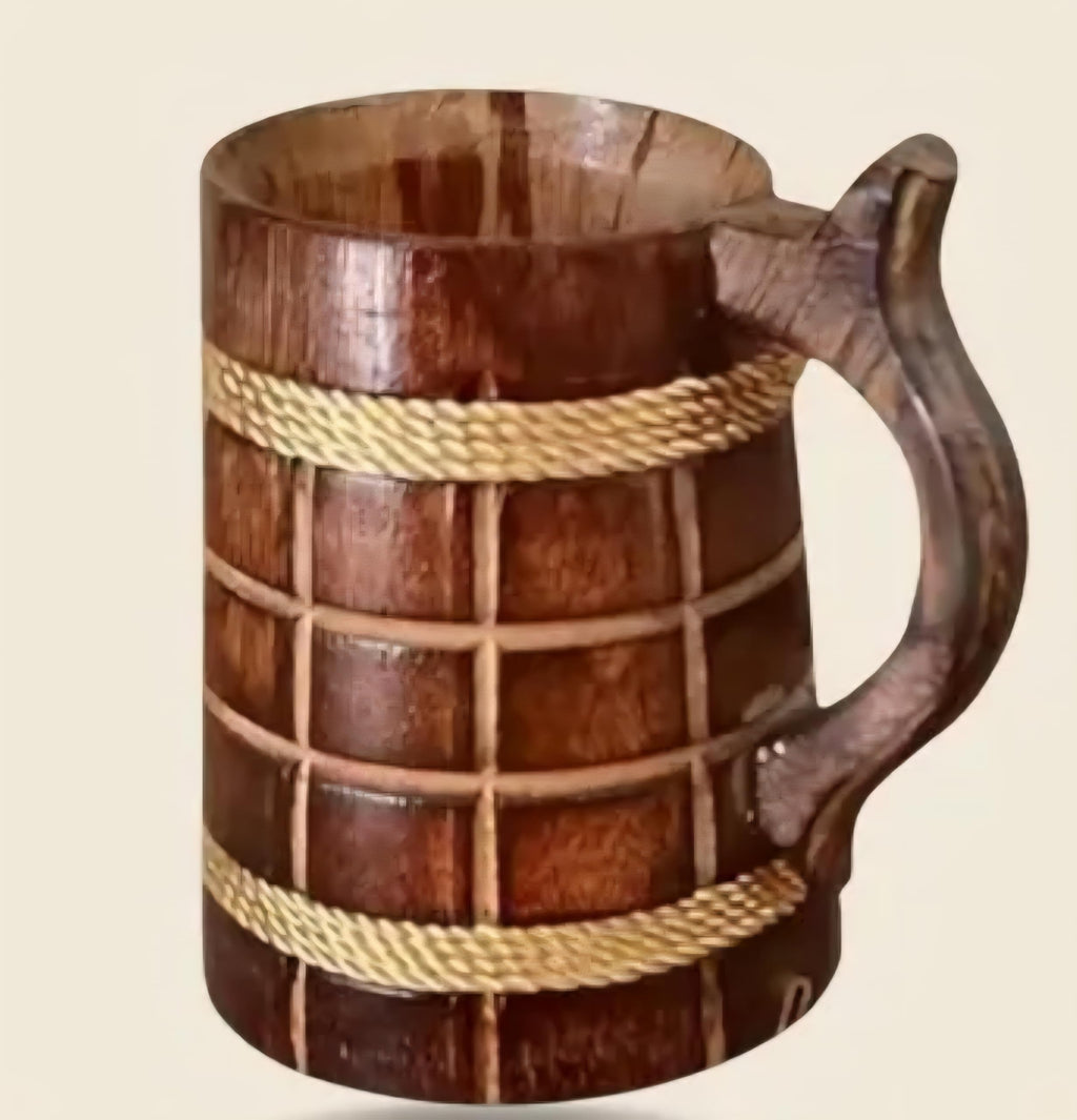Handcrafted Wooden coffee Mug with Rope Accent, Rustic Barrel Style, Natural Wood Tankard