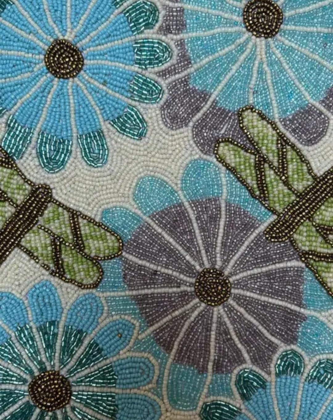 Beaded Table Runner with Floral and Dragonfly Design, Blue and Purple, Handcrafted
