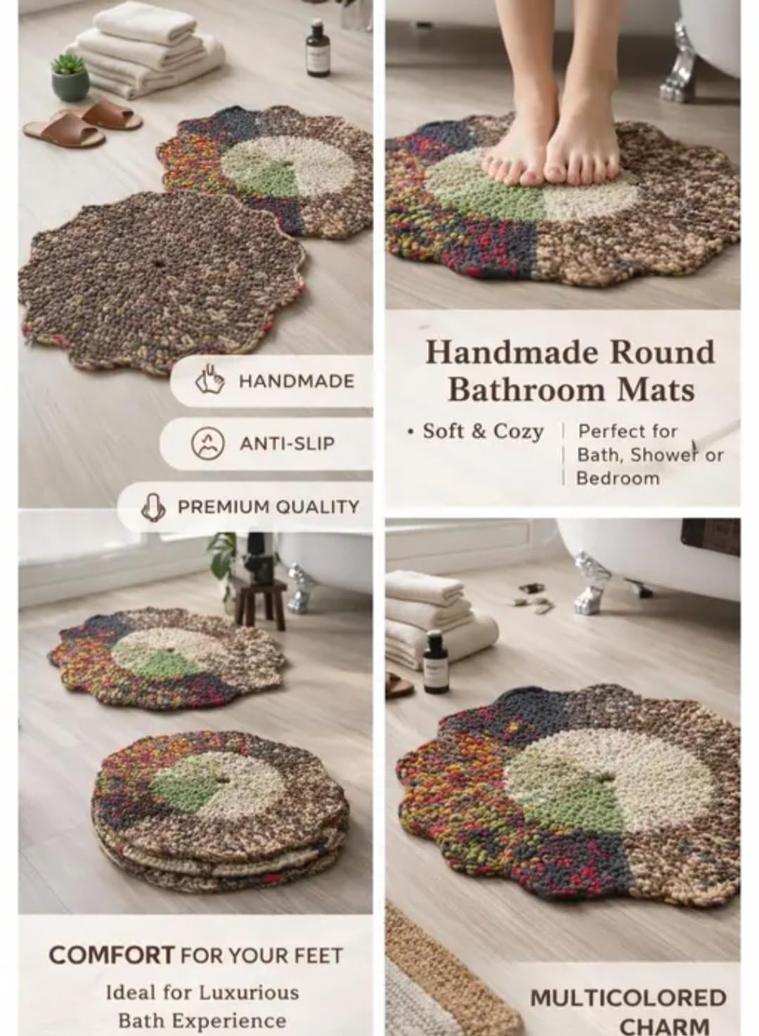 Handwoven Round Bath Mat Set, Multicolor, Boho Style, Crochet Flower Shape, Bathroom Rug