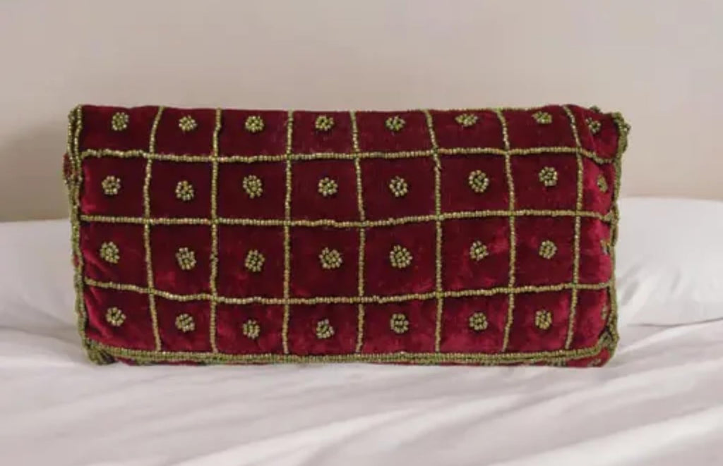 Beaded Evening Clutch Purse, Burgundy Velvet with Silver Floral Design, Detachable Chain Strap