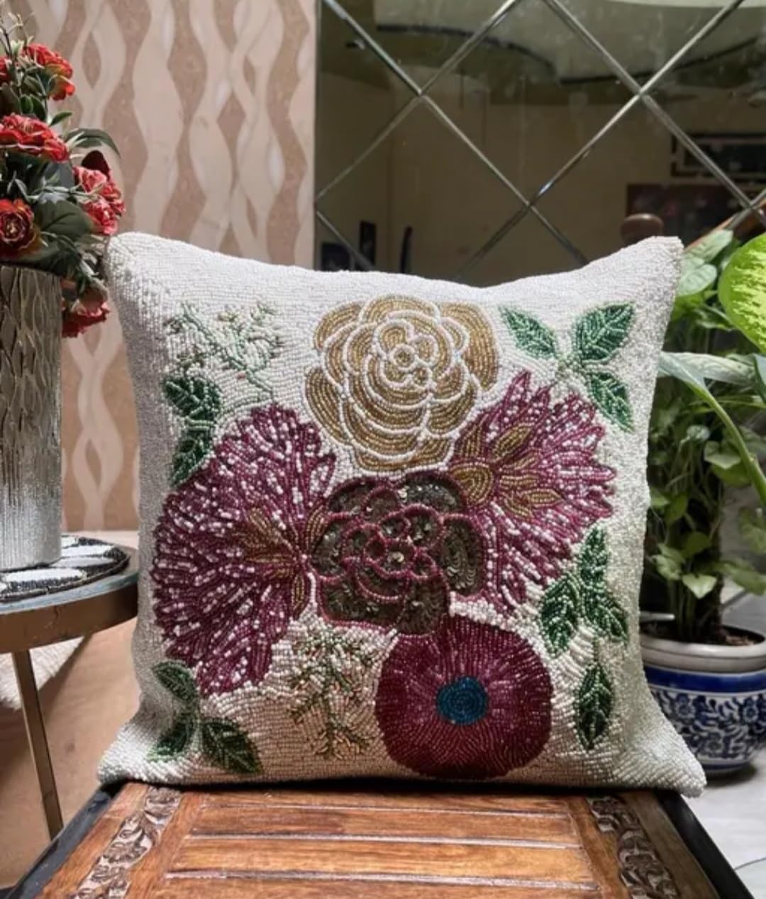 Beaded Floral Decorative Throw Pillow Cover, White with Multicolor Embroidery, Square Cushion Cover