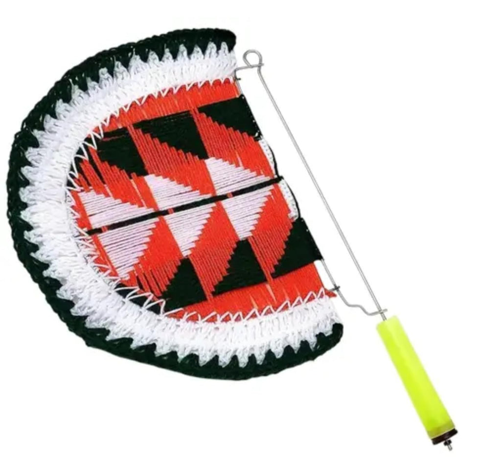 Handmade Traditional Wool Fan, Black and Red Geometric Pattern, White Fringe Trim, Neon Handle