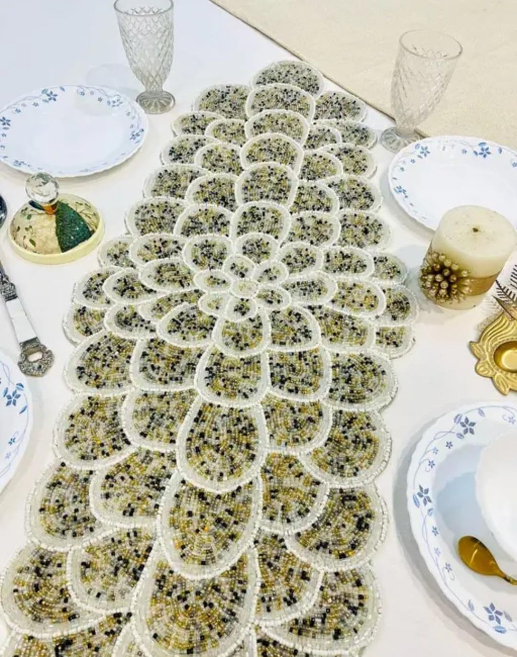 Beaded Table Runner, Floral Scalloped Design, Handcrafted, Dining Table Decor