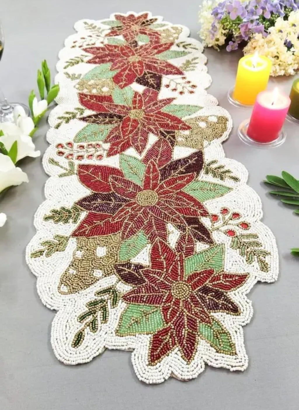 Beaded Table Runner, Poinsettia Design, Red Green Gold Brown, Scalloped Edge, Holiday Christmas Decor