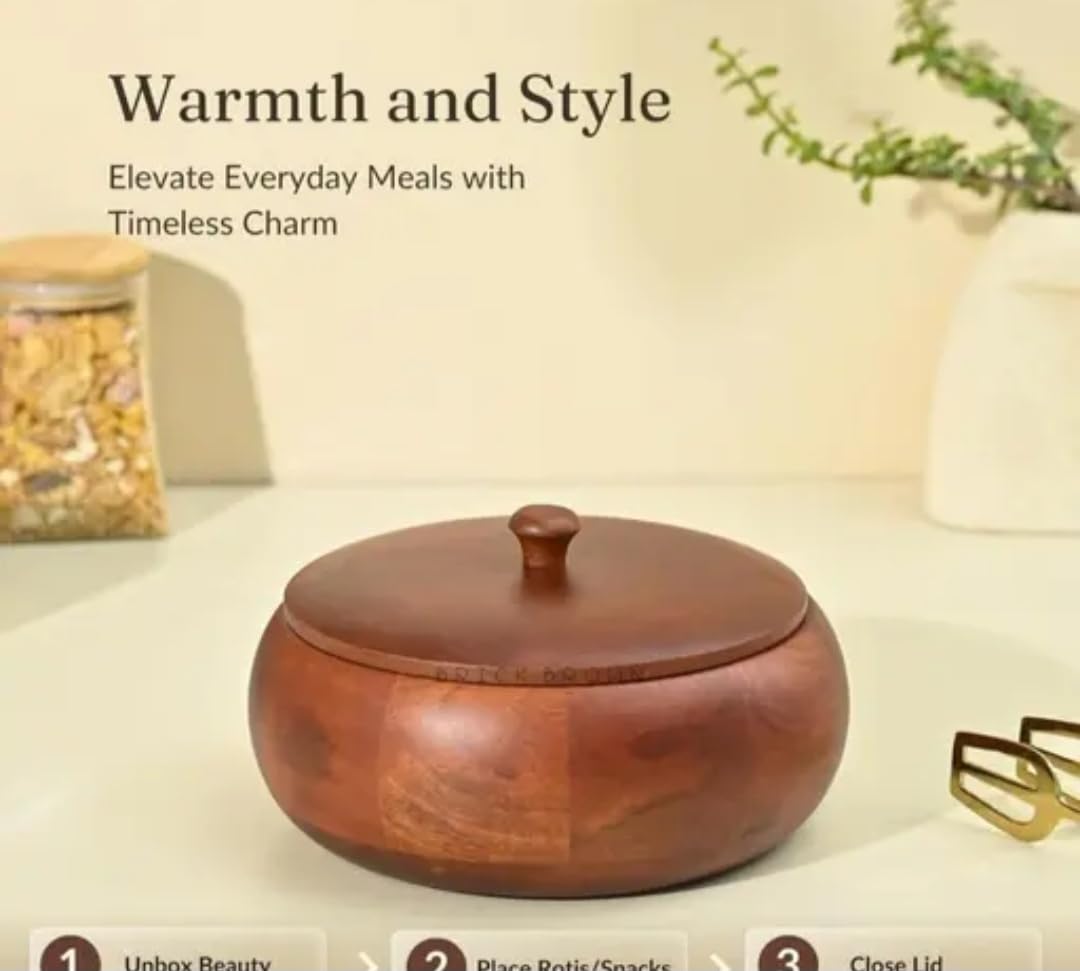 Wooden Bowl with Lid, Brown, Natural Wood, Round Shape, Storage Container