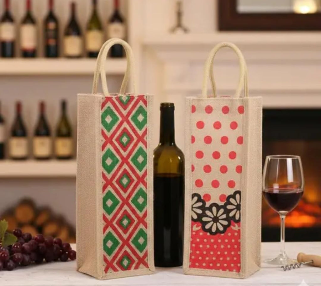 Jute Wine Bottle Bag, Set of 2, Printed Tote with Rope Handles, Gift Bag