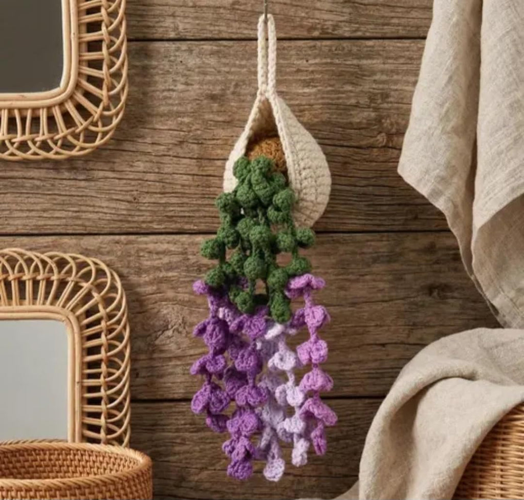 Crochet Hanging Plant Decor, Purple and Green Floral Wall Art, Boho Home Decoration, 1 piece