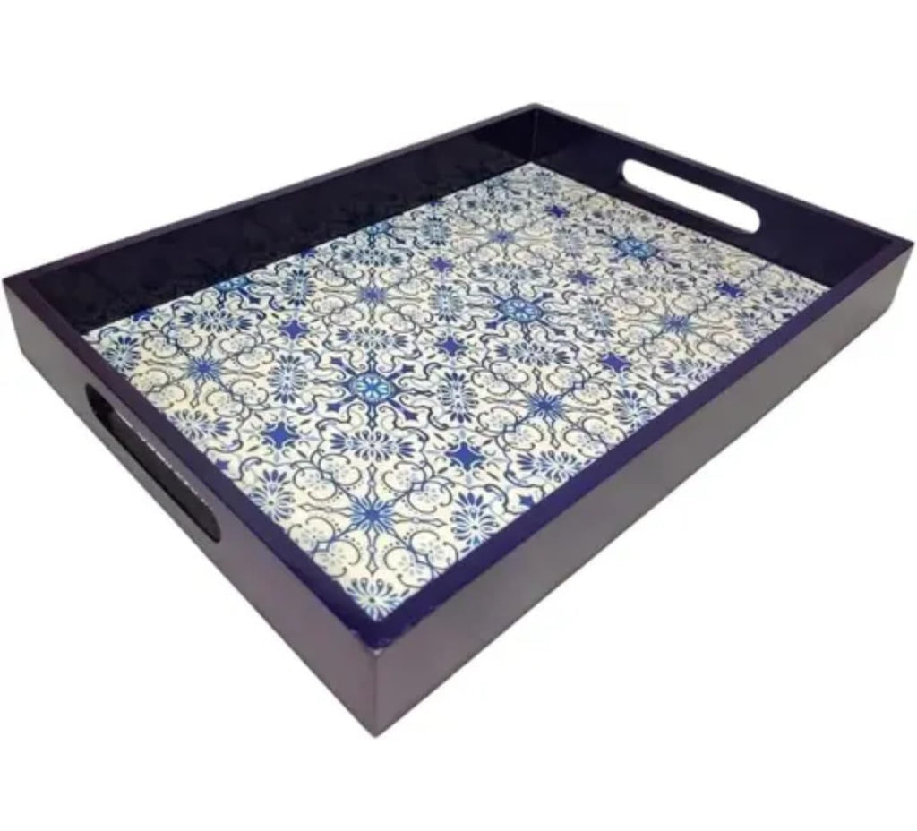 Decorative Serving Tray with Blue and White Floral Pattern, Navy Blue Frame, Large Rectangular Design with Handles