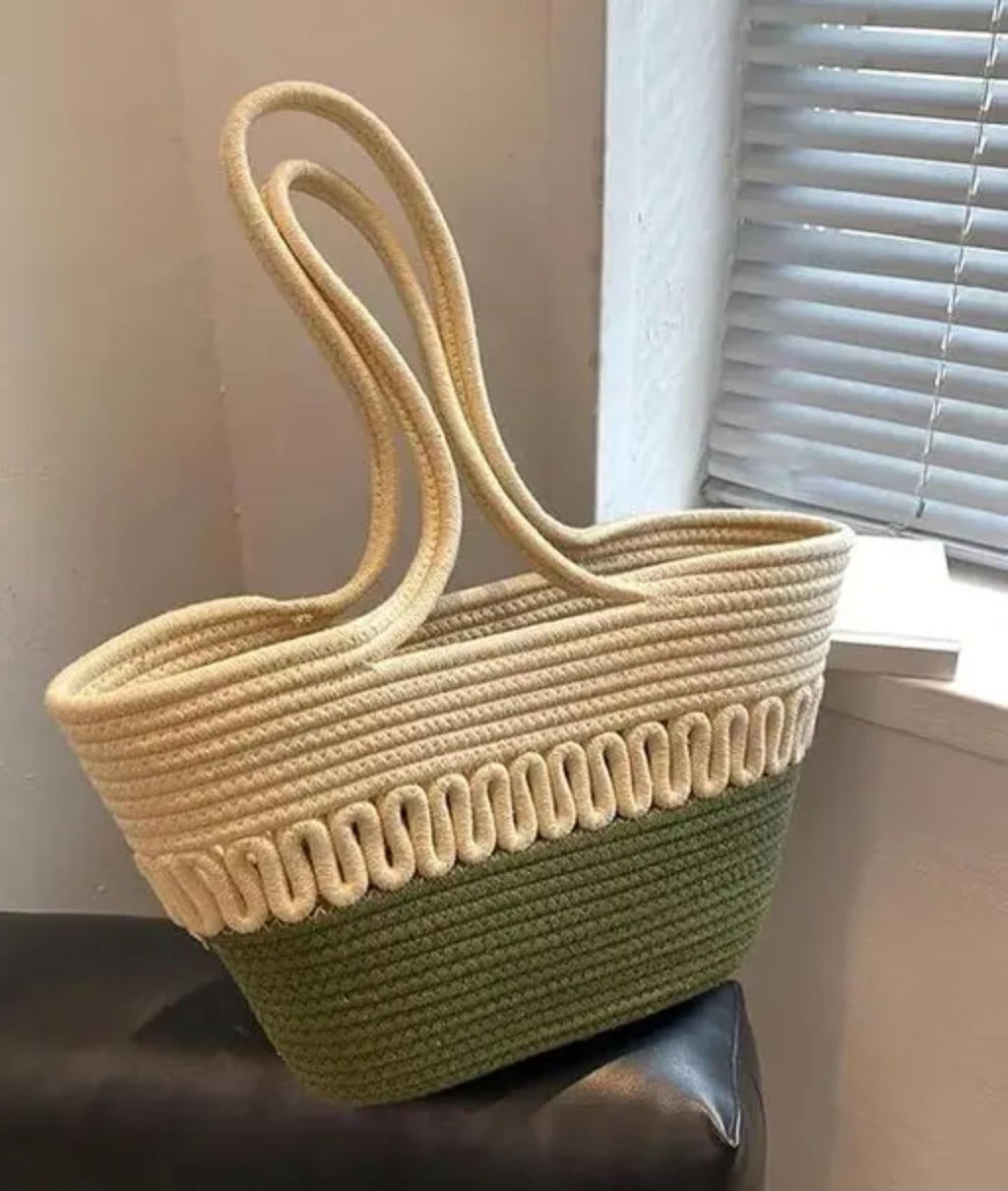 Woven Cotton Market Tote Bag, Two-Tone Cream and Olive Green, Handcrafted Design