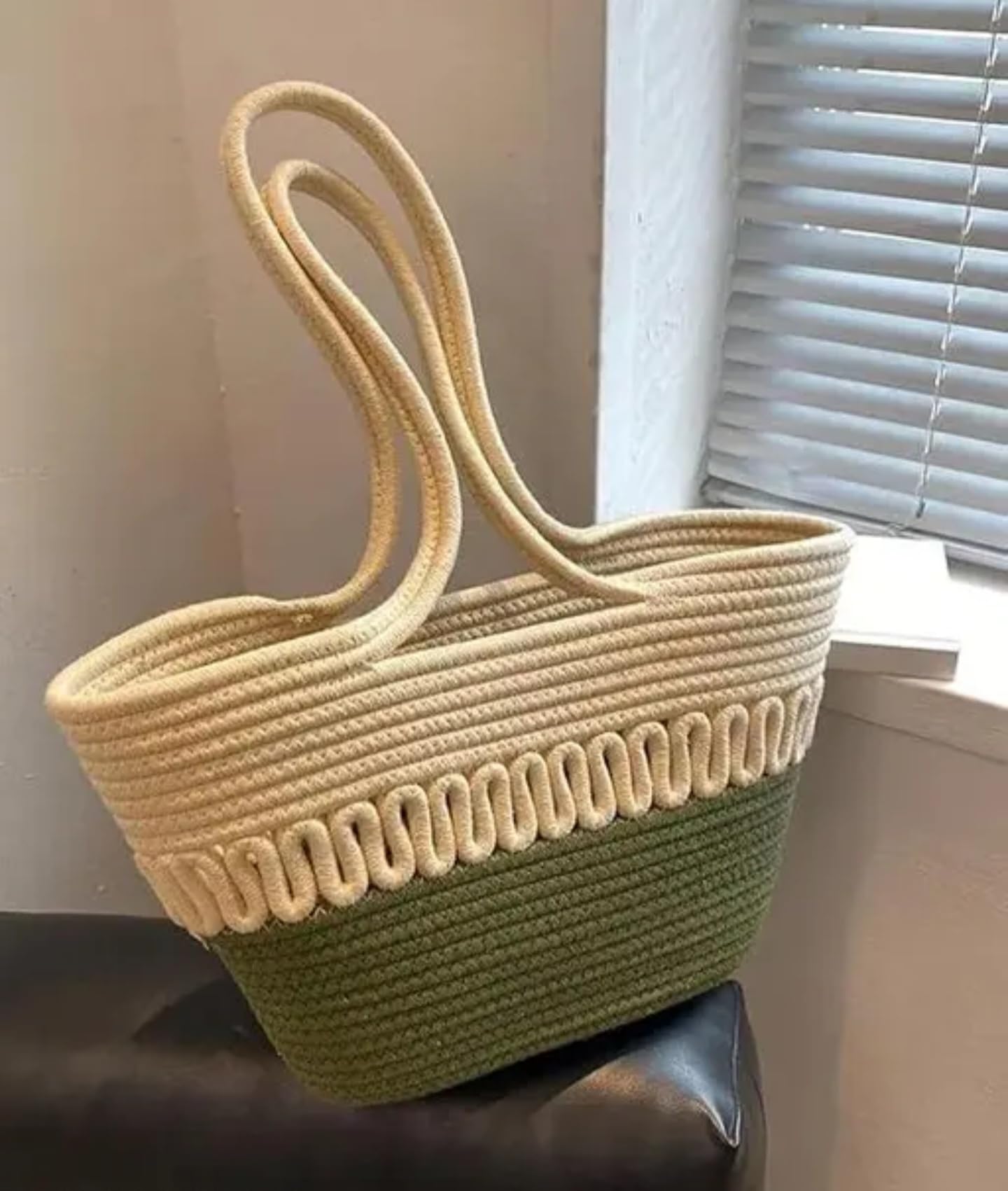 Woven Cotton Market Tote Bag, Two-Tone Cream and Olive Green, Handcrafted Design