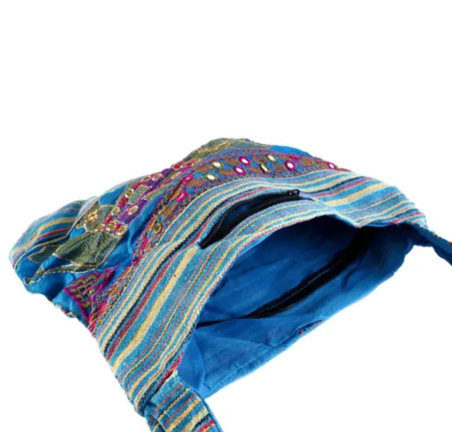 Bohemian Crossbody Bag, Blue Striped with Embroidered Elephant Design, Mirror Work, Handcrafted