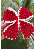 Handmade Crochet Bow Hair Clip, Red and White, Knit Yarn, Decorative Hair Accessory