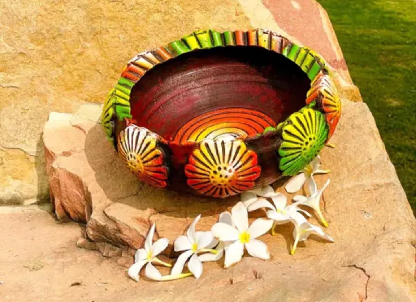 Handcrafted Metal Garden Planter, Colorful Floral Design, Red, Green, Orange, Decorative Outdoor Container with Plumeria Flowers