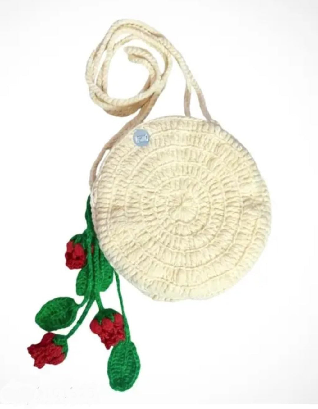 Crochet Rose Crossbody Bag, Cream with Red Floral Accents, Handmade Knit Purse
