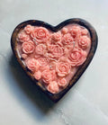 Handcrafted Heart-Shaped Decorative Candle with Pink Rose Design, Rustic Wood Frame