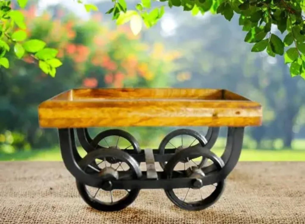 Rustic Wooden Serving Cart with Wheels, Decorative Food Presentation Tray, Brown Wood Top, Black Metal Base, Includes Dipping Bowls