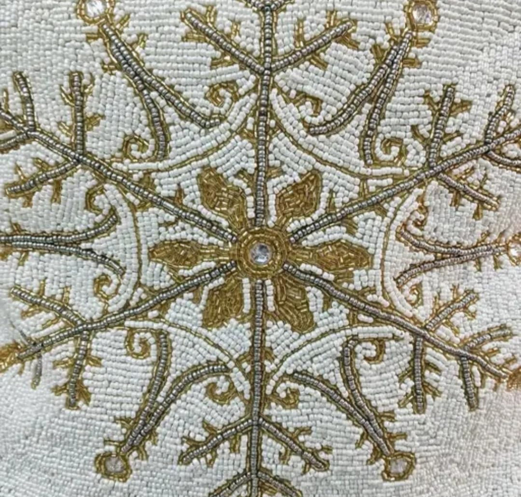 Beaded Snowflake Throw Pillow Cover, White and Gold, Decorative Christmas Winter Theme