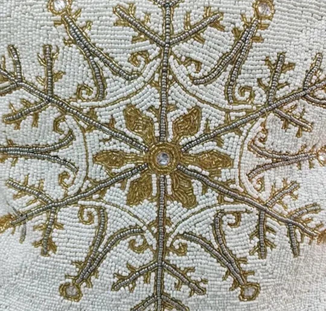 Beaded Snowflake Throw Pillow Cover, White and Gold, Decorative Christmas Winter Theme