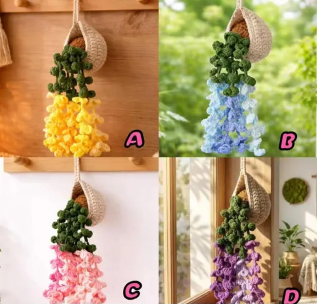 Crochet Hanging Plant Decor, Handmade Boho Faux Succulent in Woven Basket, Blue and Green, 1 piece