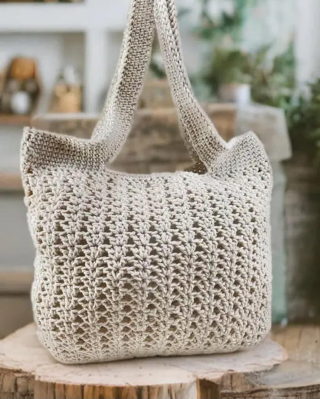 Handmade Crochet Tote Bag, Cream, Cotton, Open Weave, Boho Style, Shoulder Bag with Handles