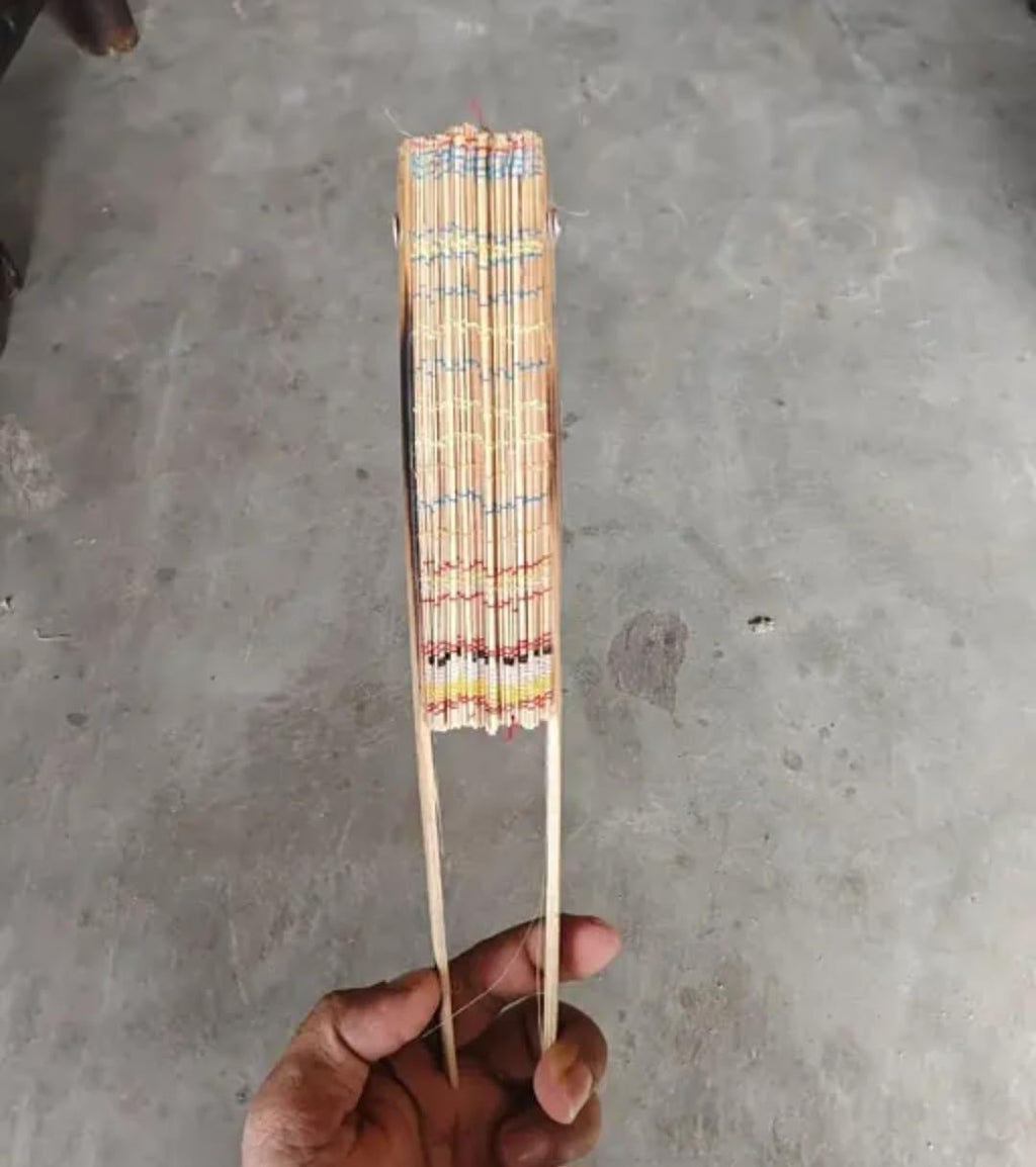 Handcrafted Bamboo Folding Fan with Wooden Handle, Natural & Orange Woven Design, Traditional Style