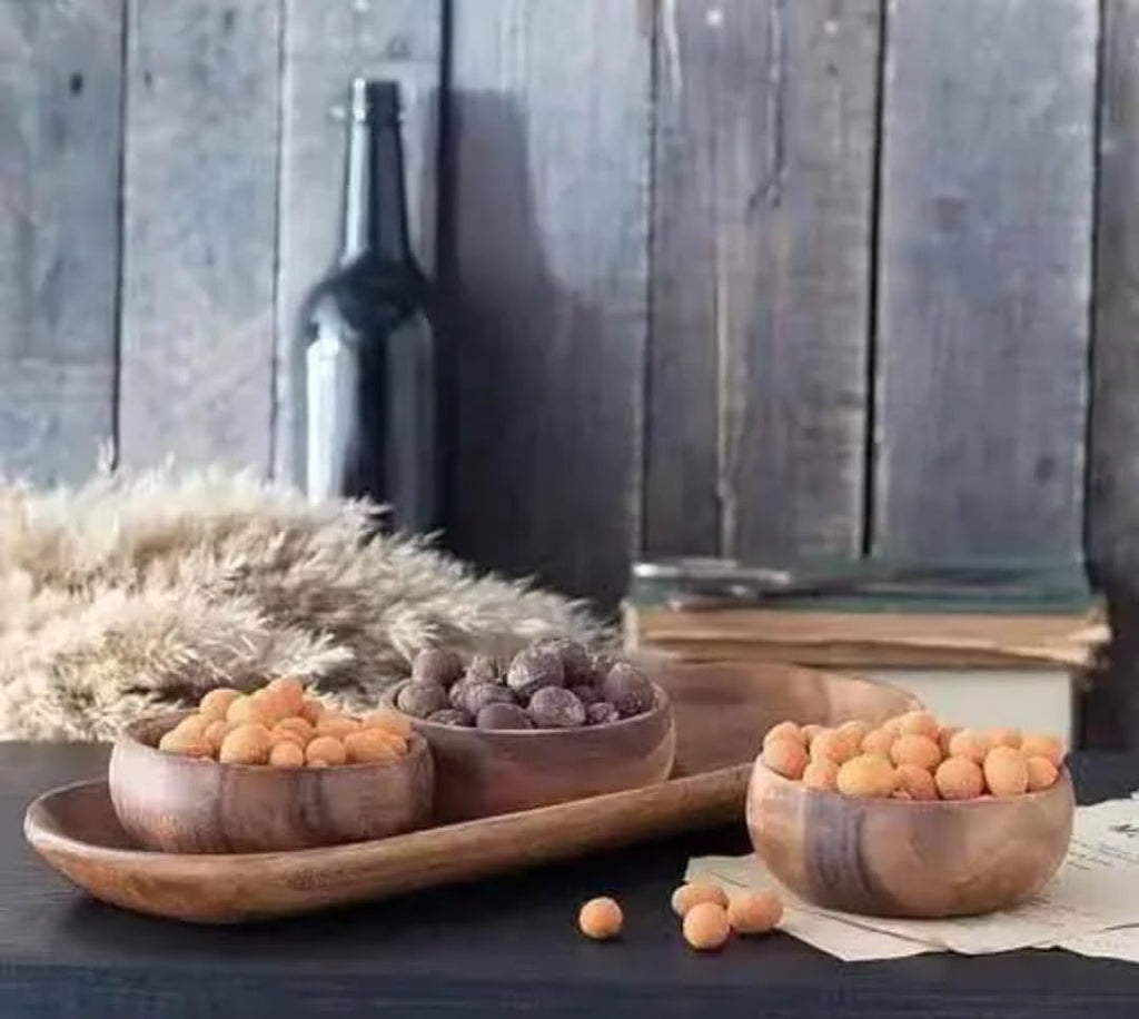 Wooden Serving Tray with Bowls Set, Natural Brown, 3 Round Bowls, Appetizer Snack Platter