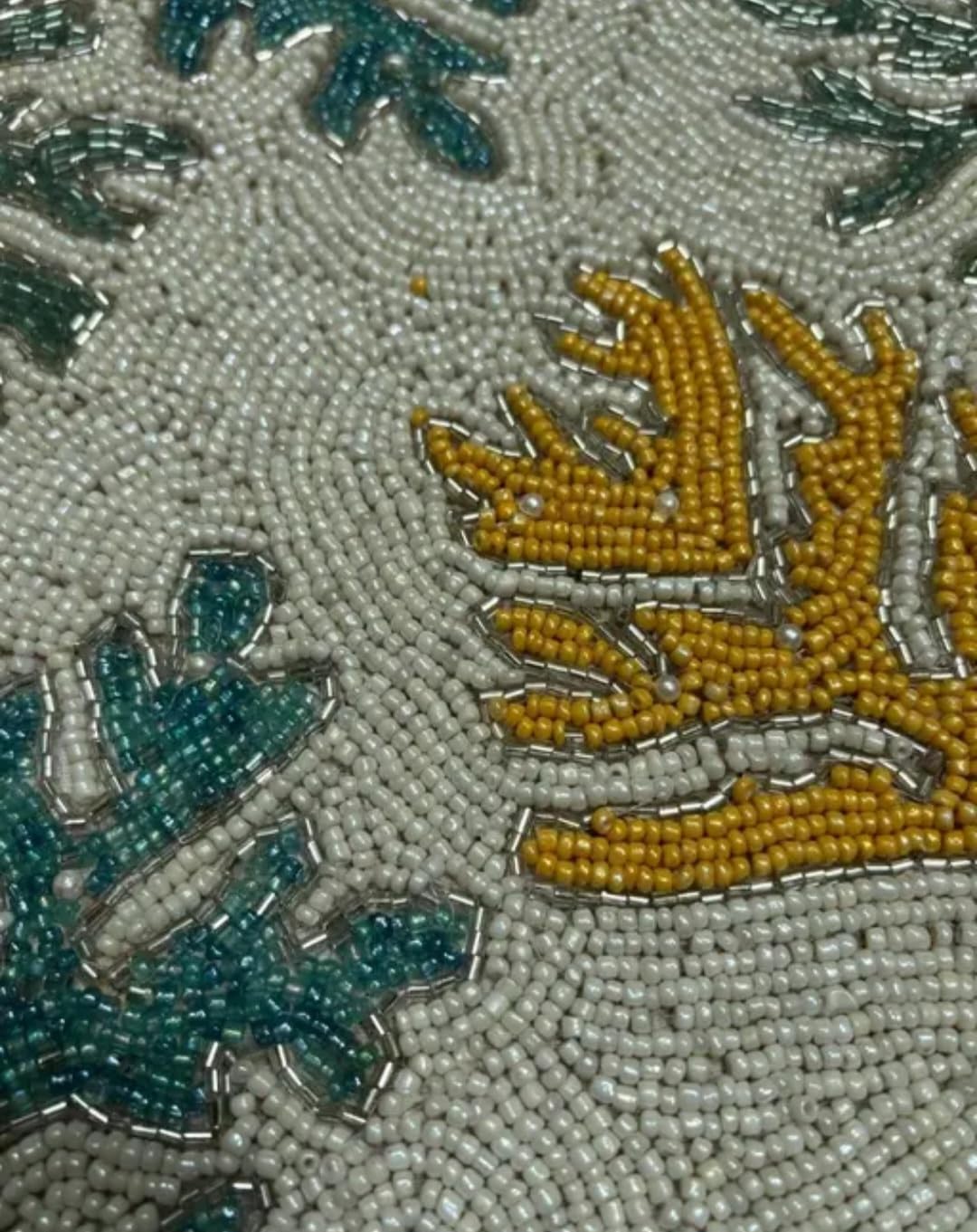 Beaded Round Placemat, Coral Reef Design, Teal and Gold on White, Handcrafted Table Decor