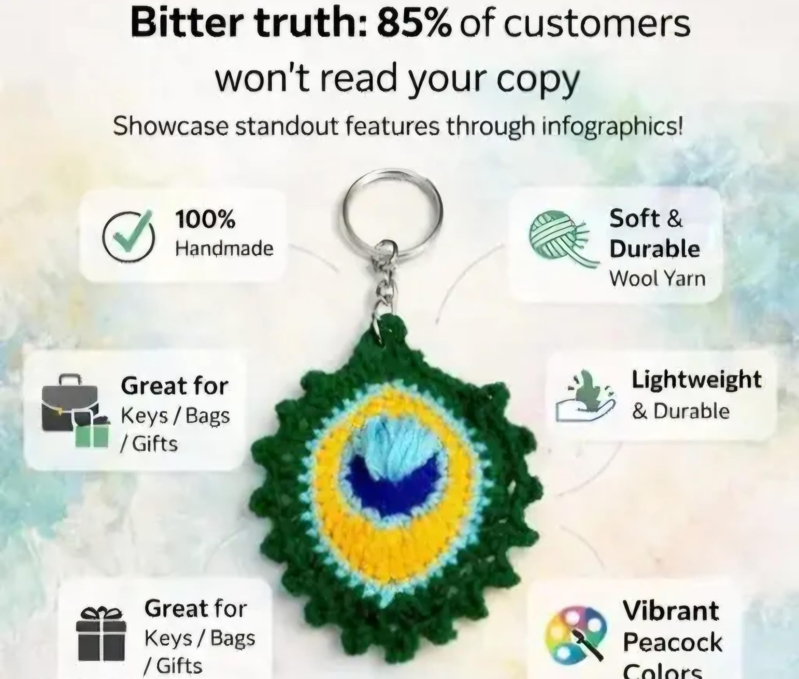 Handmade Crochet Peacock Feather Keychain, Green, Blue and Yellow, Boho Style
