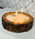 Rustic Wood Log Candle with Gold Accents, Natural Tree Bark Tealight Stand
