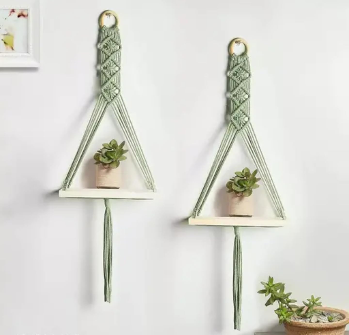 Macrame Wall Shelf Set, Hanging Triangle Floating Shelves, White and Sage Green, Boho Home Decor