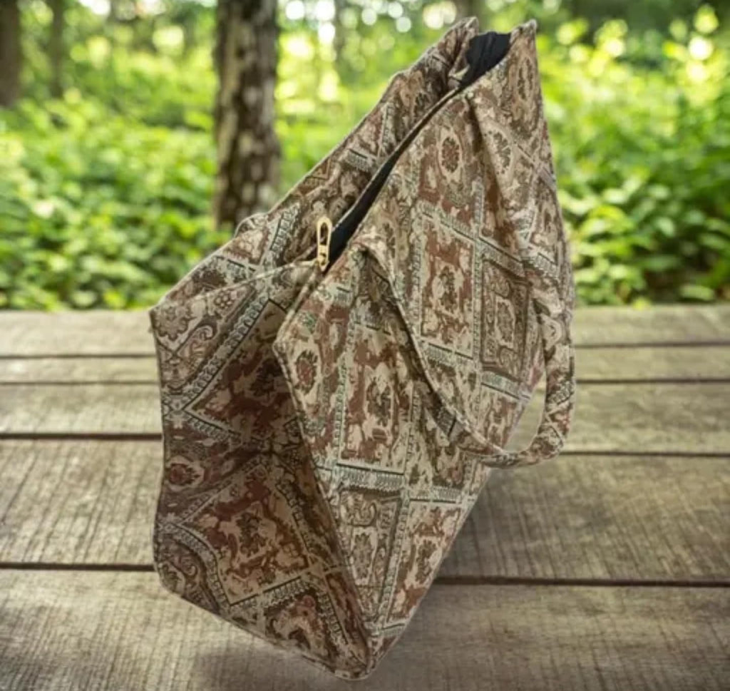 Vintage Pattern Tote Bag, Brown and Beige Diamond Floral Design, Double Handle